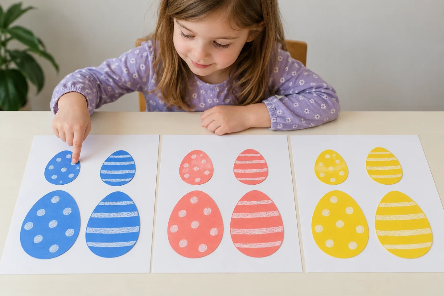 Close hands pointing once to each of four blue eggs on one mat, coral and yellow groups of four on the other mats