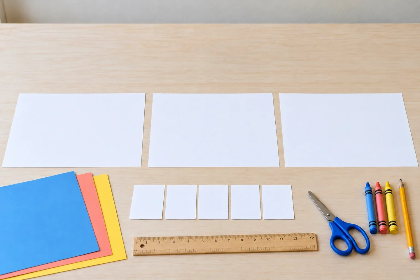 Raw blue coral yellow paper sheets, three blank sorting mats, ruler scissors crayons pencil and optional five blank numeral cards, no prepared eggs