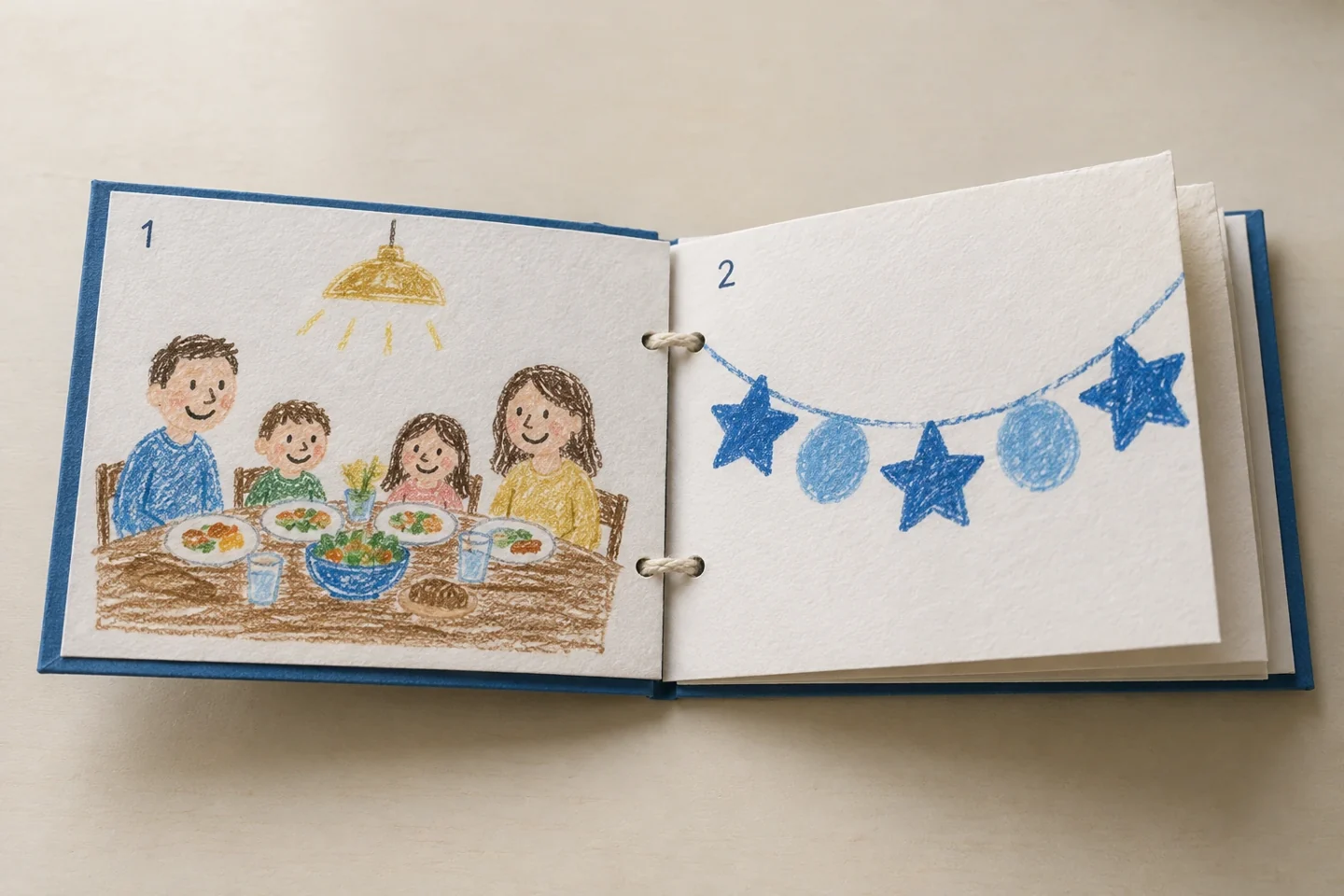A completed memory book with family dinner and paper decoration drawings