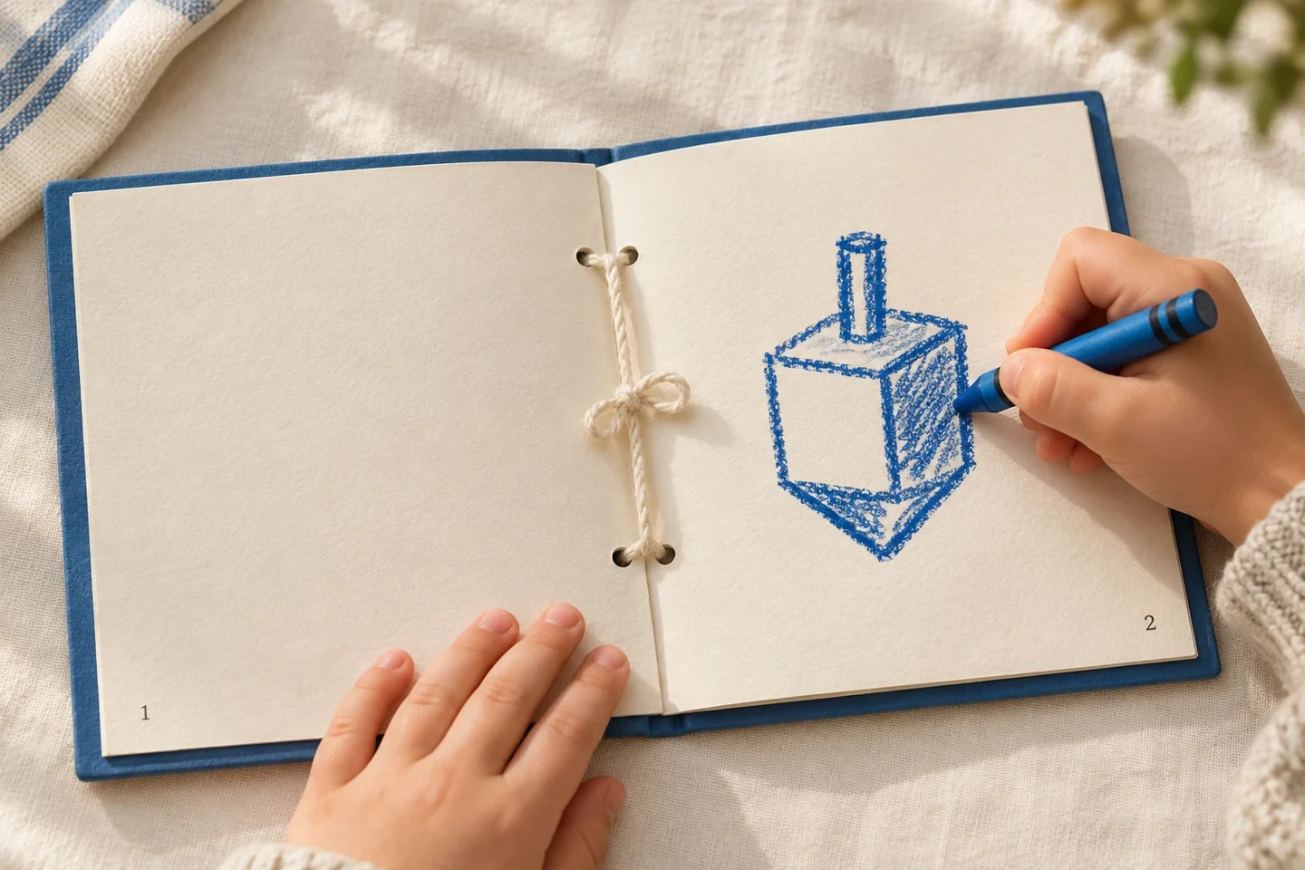 A child drawing a dreidel in a string-bound memory booklet