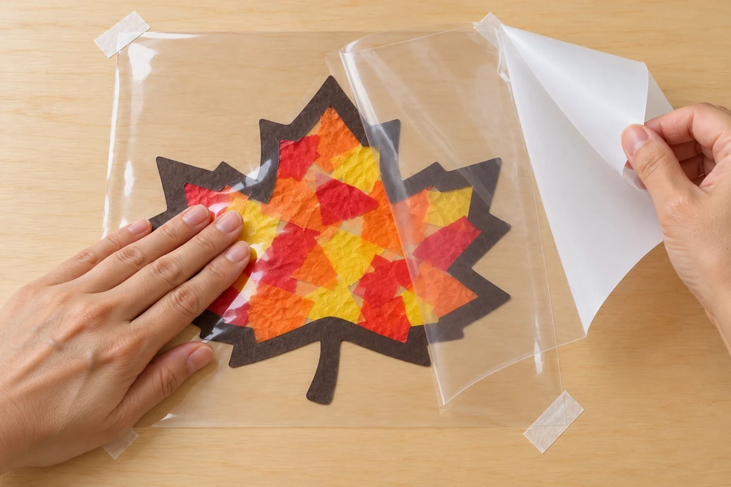 Adult hands peel back the second sheet’s backing and smooth clear film over the tissue-filled leaf from one edge.