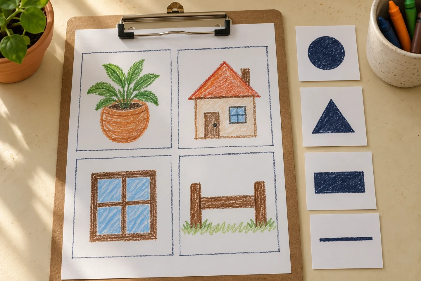Completed shape-hunt drawings beside the circle, triangle, rectangle and line clues.