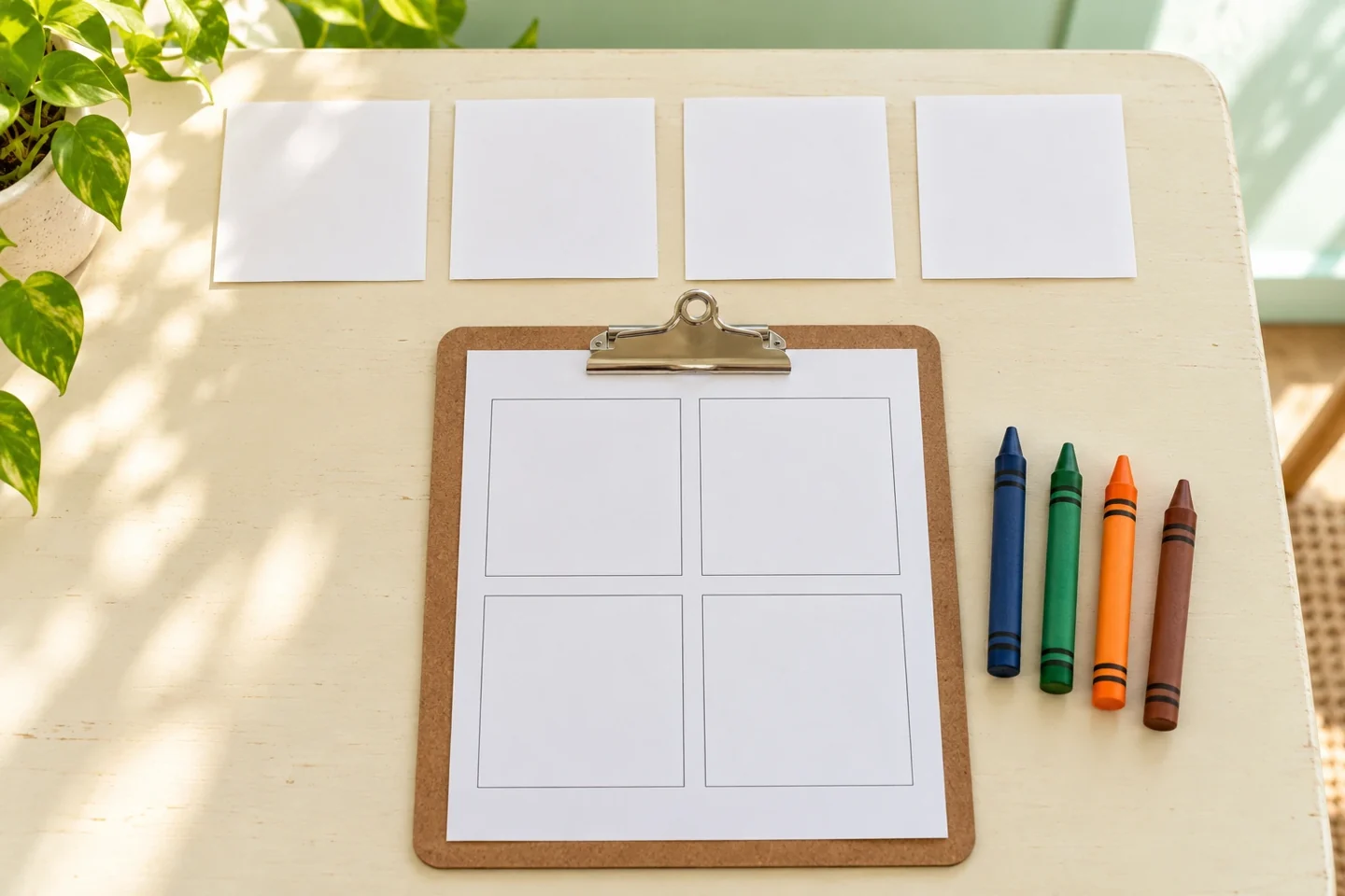 Four blank clue cards, an empty four-box record sheet, clipboard and crayons.