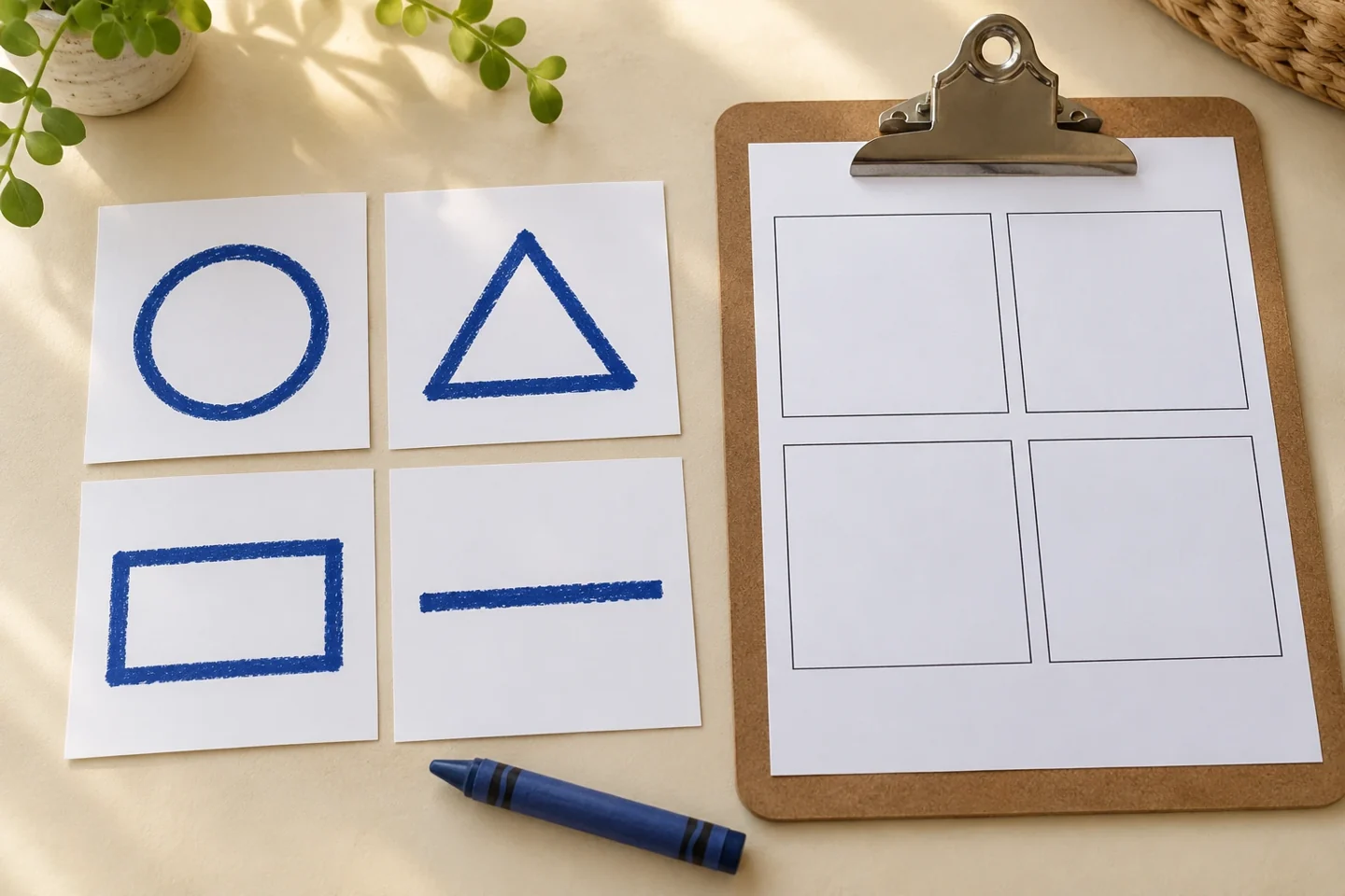 Four prepared shape clues beside an empty four-box drawing record.