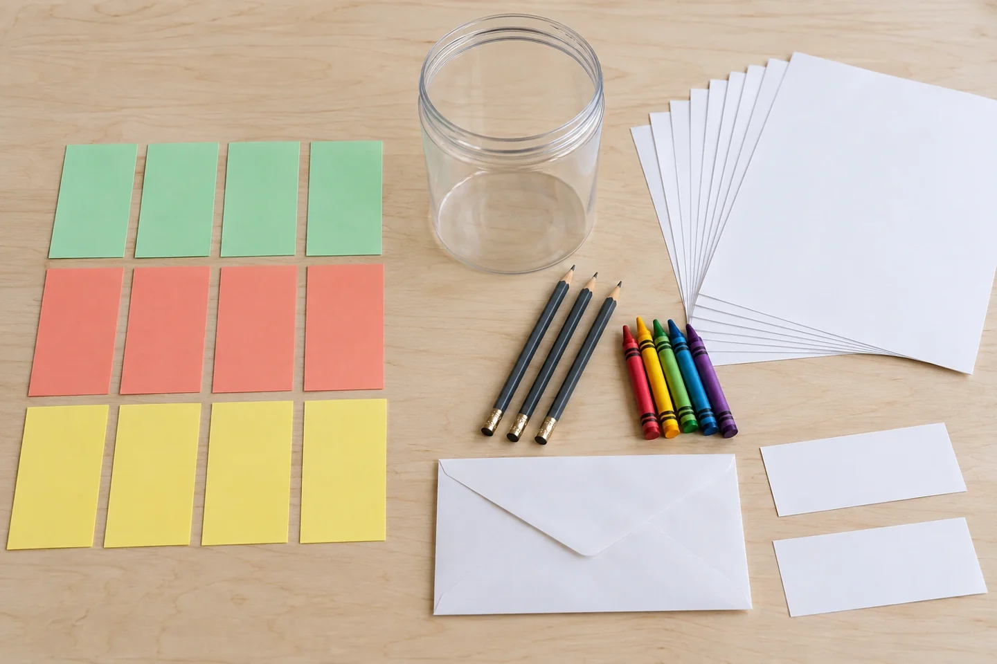Empty wide-mouth plastic container, twelve flat blank 2 by 5 inch paper slips, crayons or markers, eight blank drawing sheets, pencils and optional empty paper envelope