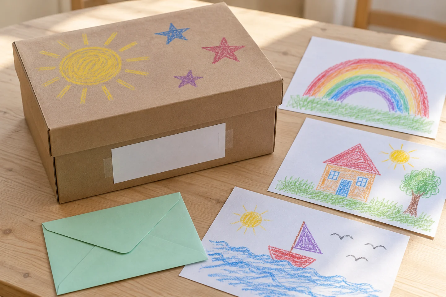 Decorated closed cardboard capsule with label and sample keepsake drawings alongside