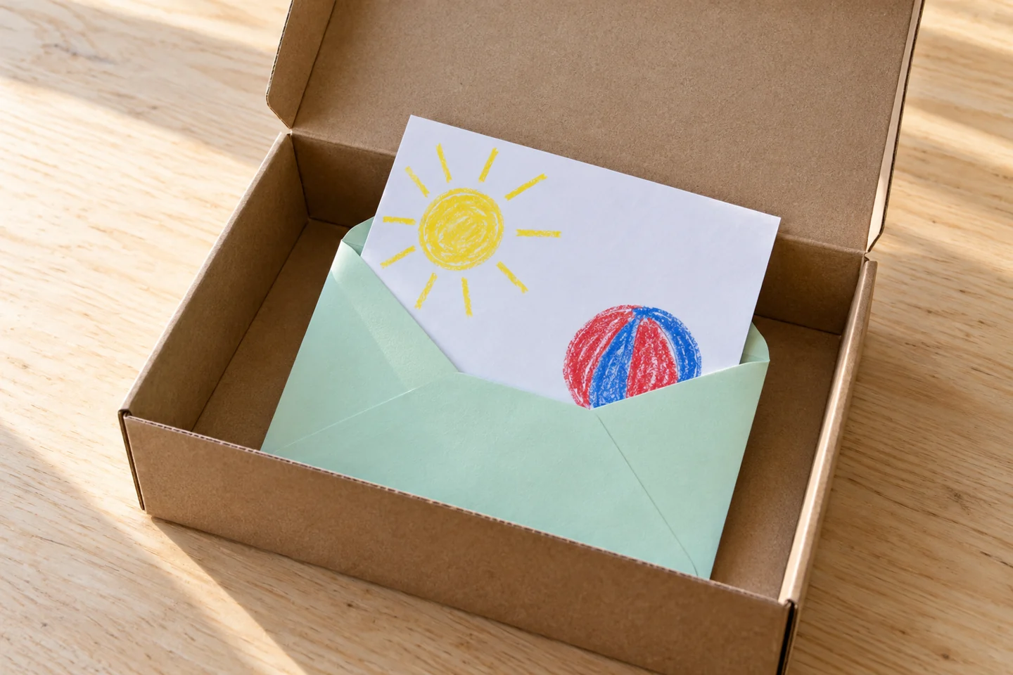 Illustrated favorites page sliding into envelope inside box