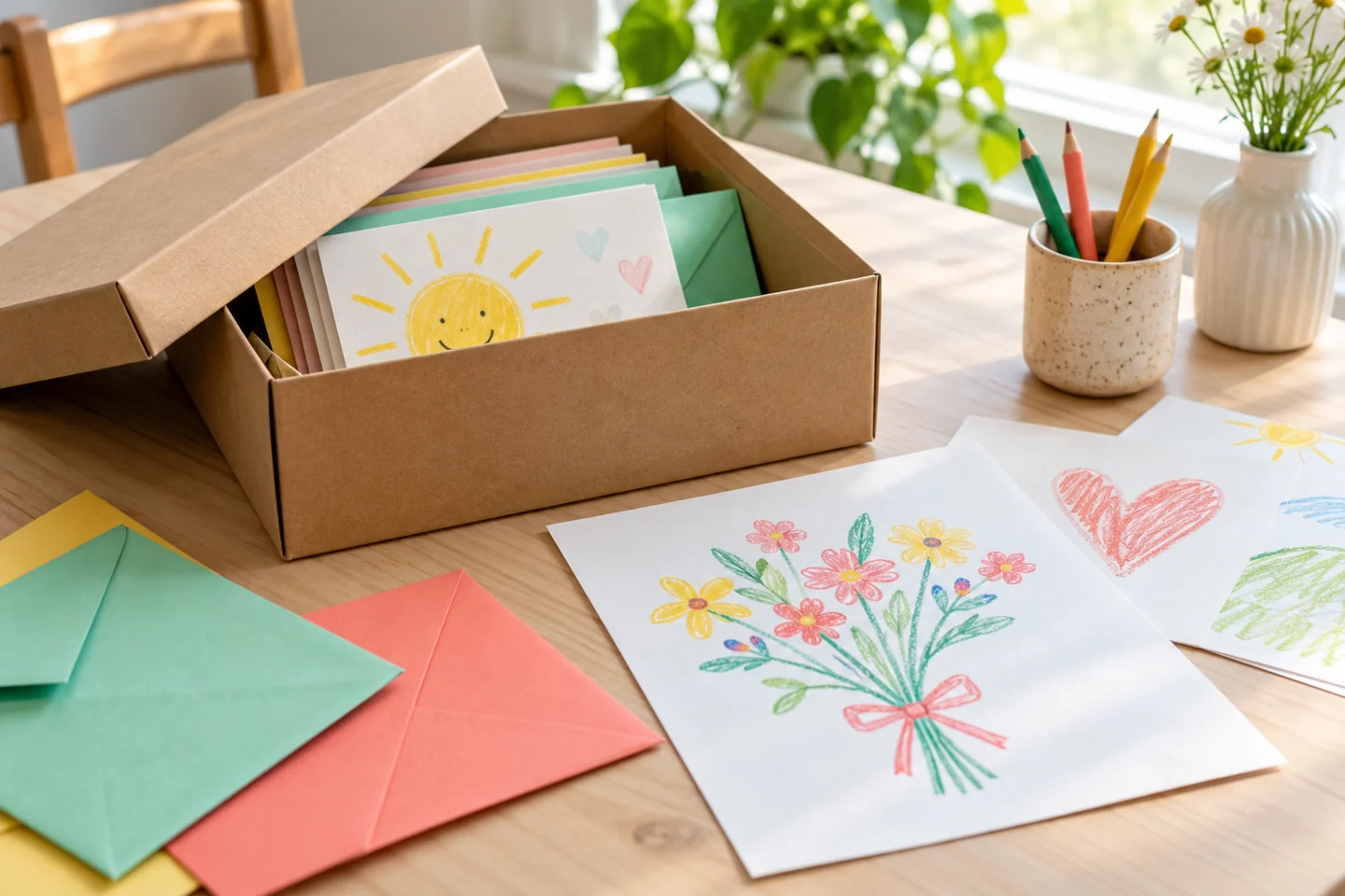 Clean cardboard box and drawing pages with envelopes