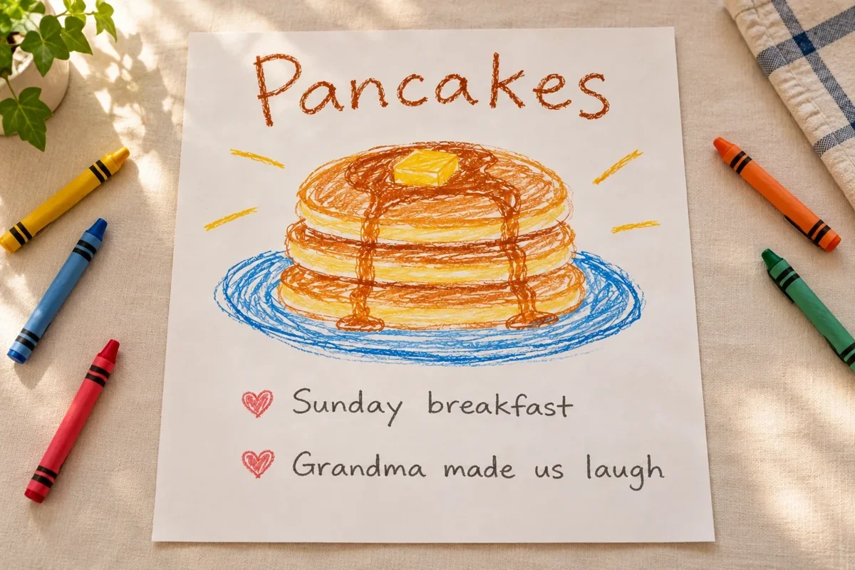 The completed pancake memory page has a picture and two short recollections.