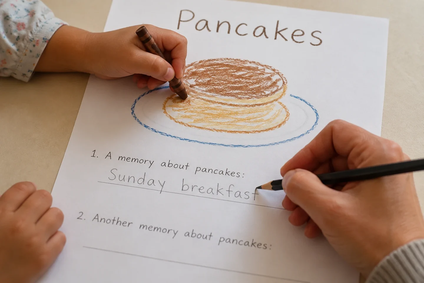 A child draws pancakes while an adult records a short memory below.