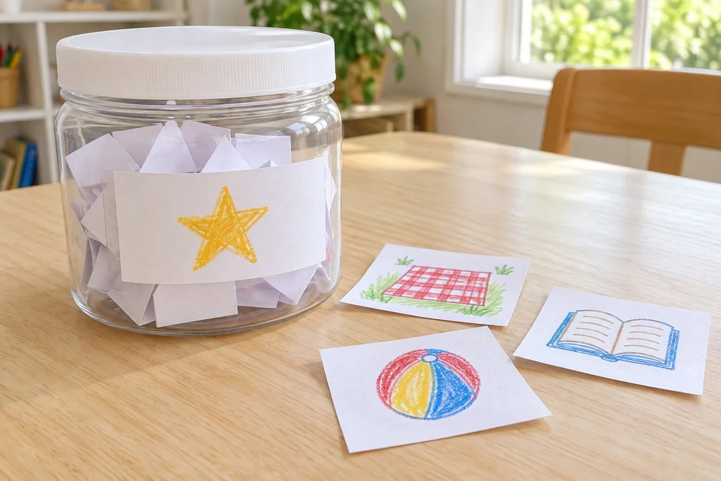 Completed wishes jar beside several activity pictures