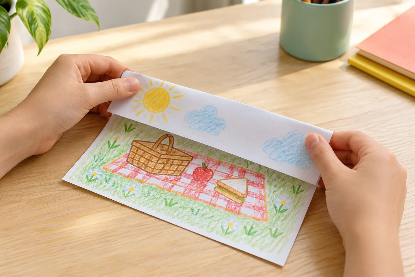 Hands holding a picnic wish drawn on a paper slip