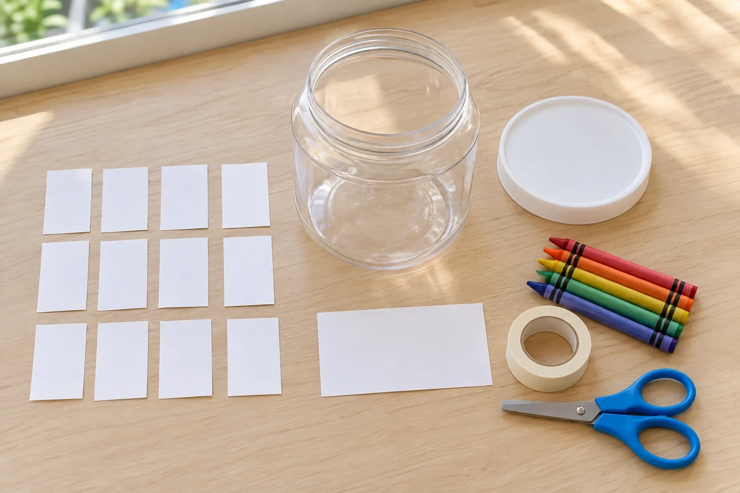 Plastic container, twelve paper slips, crayons, scissors and tape