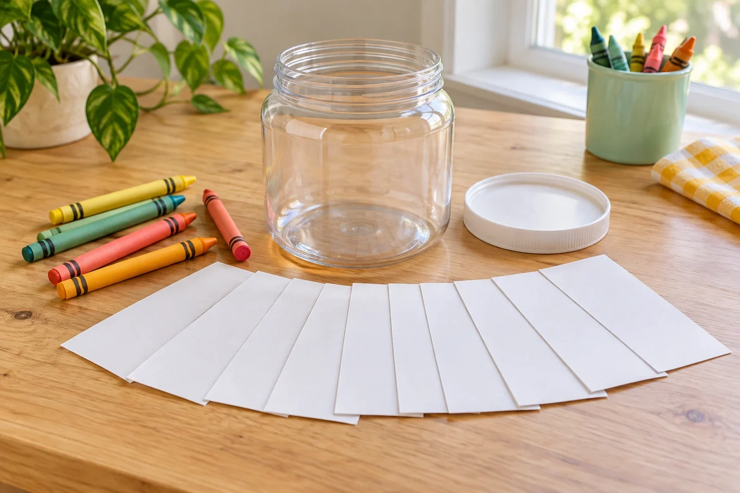 An empty jar with blank paper slips ready for drawing