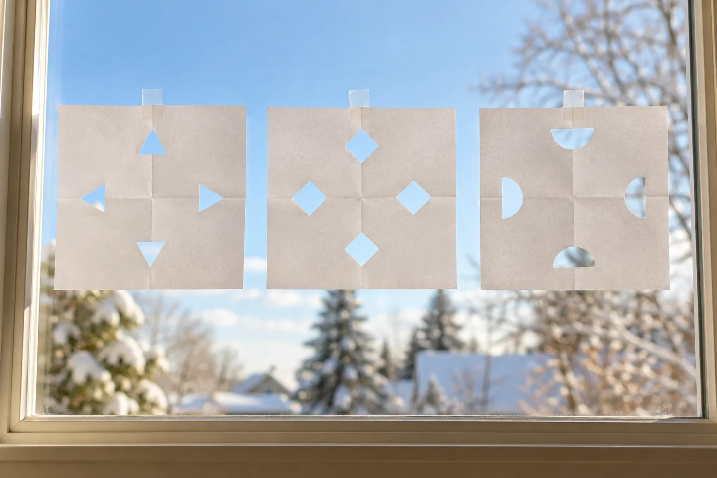 Three simple fourfold paper patterns displayed on a classroom window