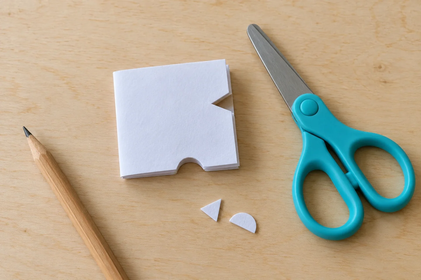 A twice-folded paper square with a shallow triangle and semicircle cut beside scissors