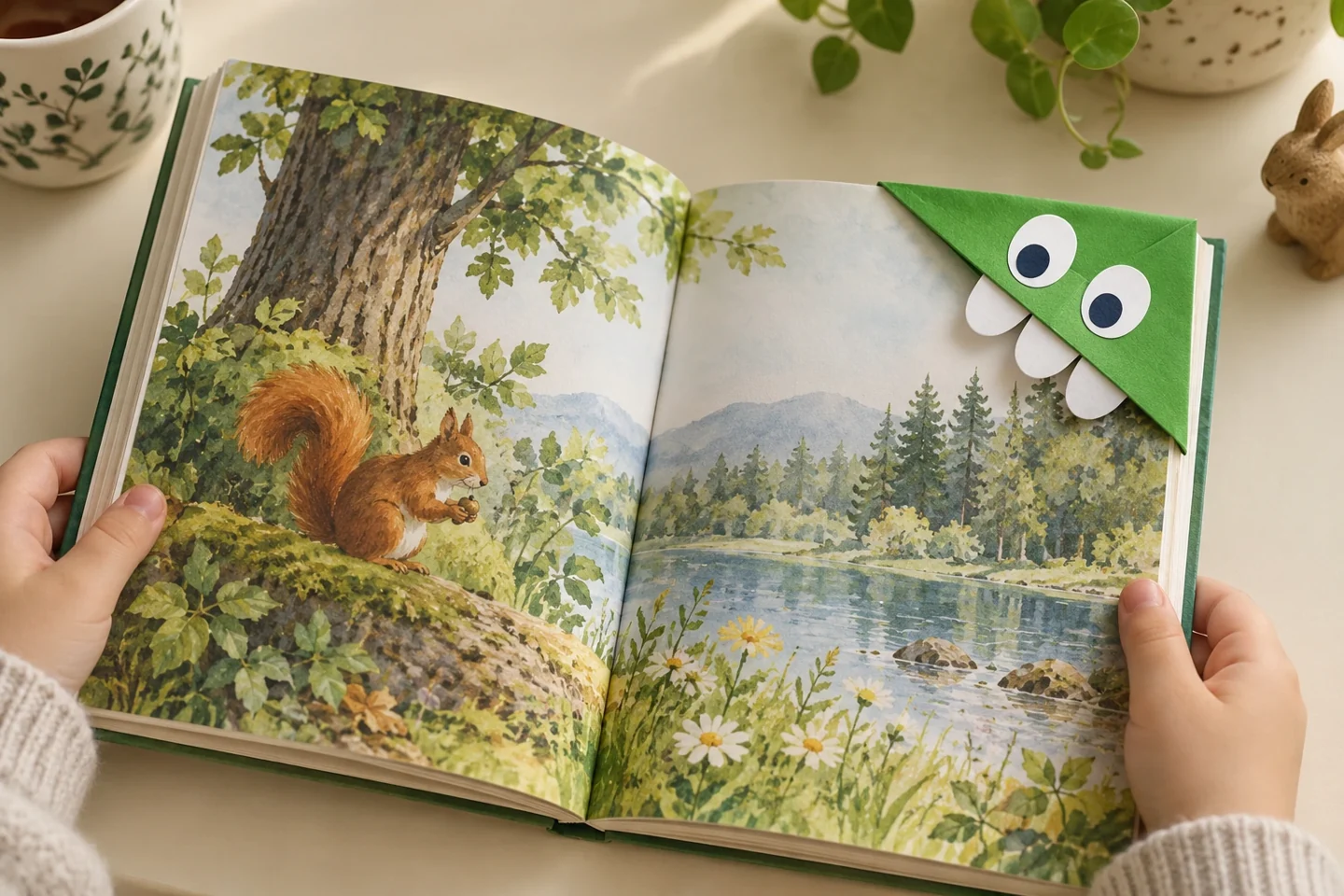 A friendly green monster bookmark marks the corner of an open book.