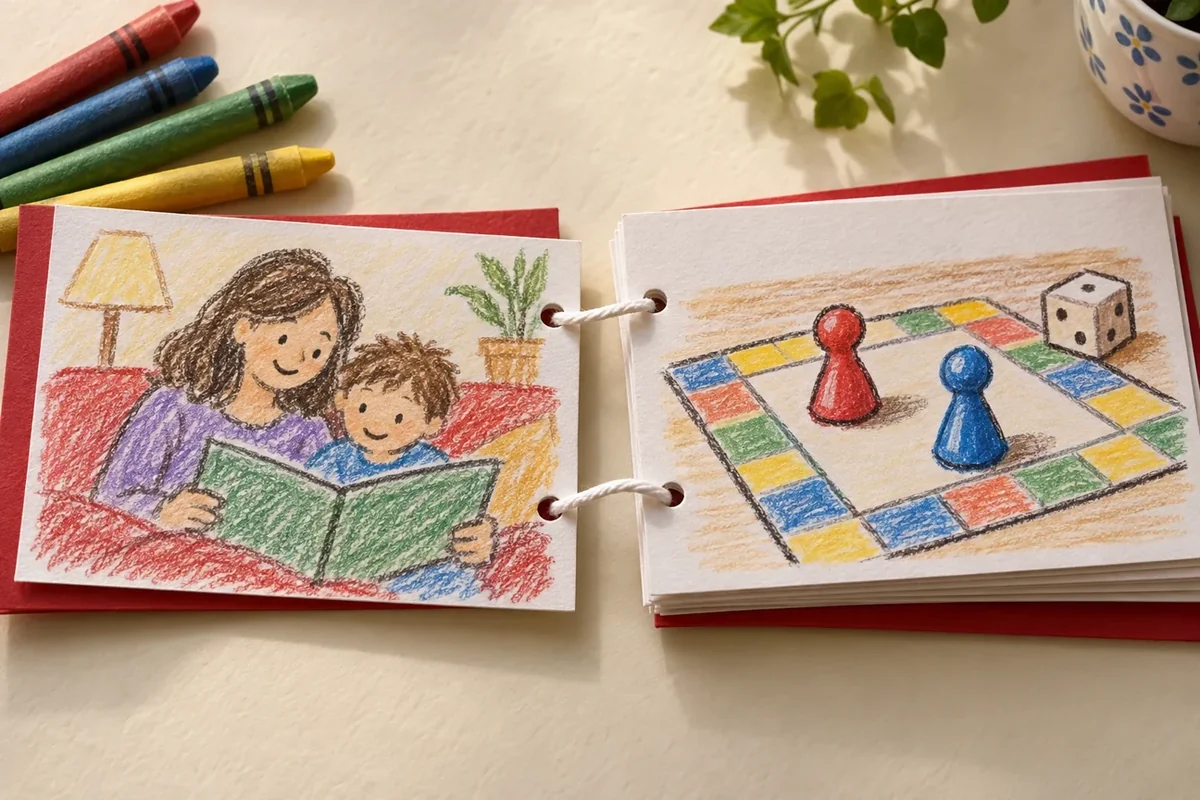 One open handmade coupon book with a simple shared-reading drawing and board-game drawing, tied through two left-edge holes; no legible generated promises