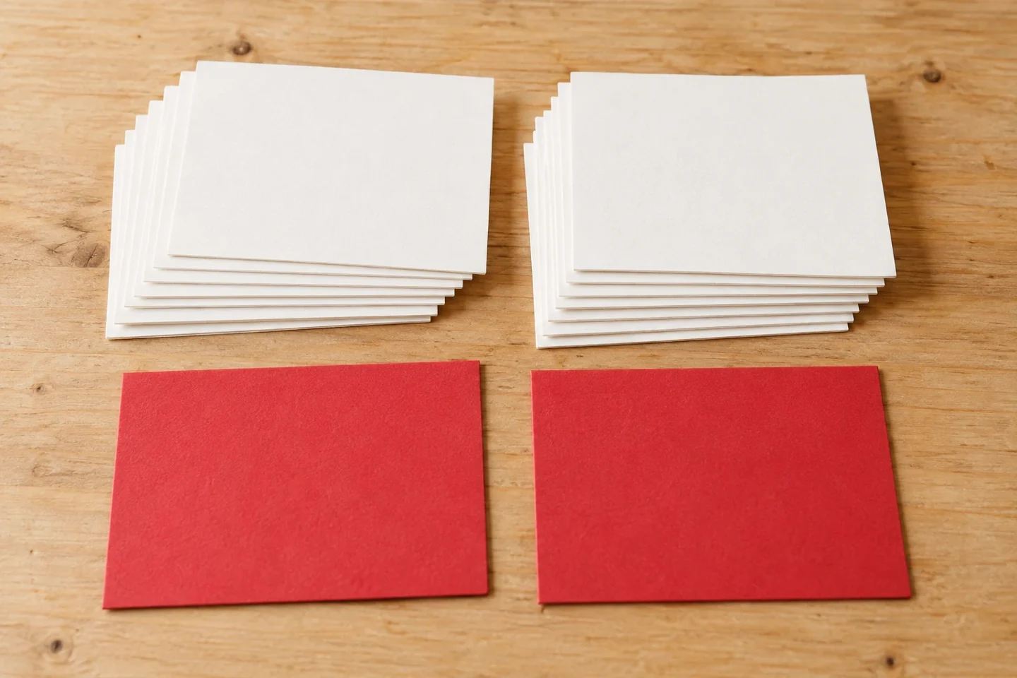Eight equal four-by-three-inch page blanks stacked, eight spare blanks separately, two cover pieces aligned, left binding margins left clear