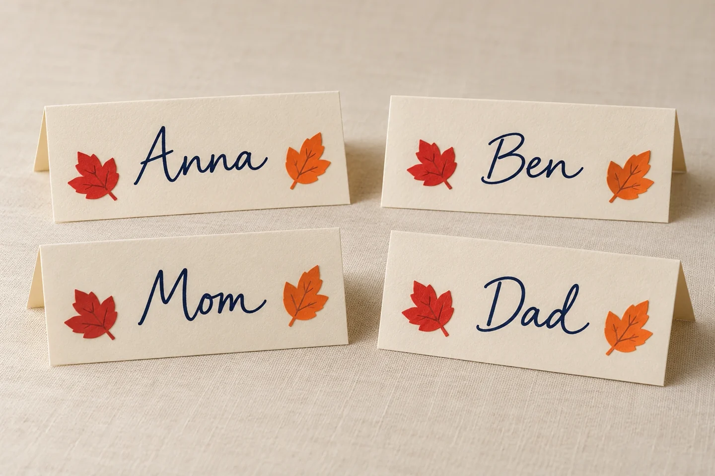 Check the names, then stand the finished cards with their folds at the top.