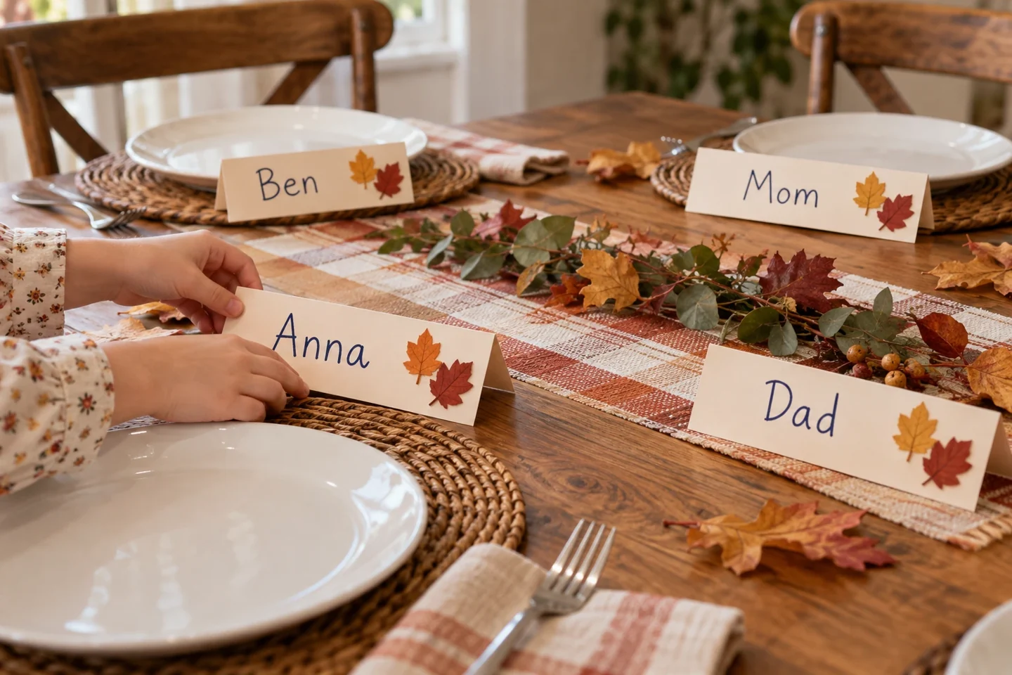 A child places handmade autumn name cards at four table settings.