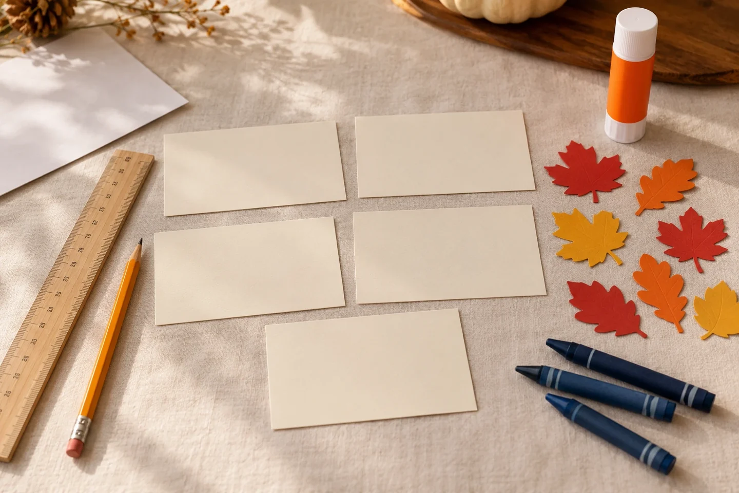 Blank cardstock, paper leaves and supplies for making name cards.