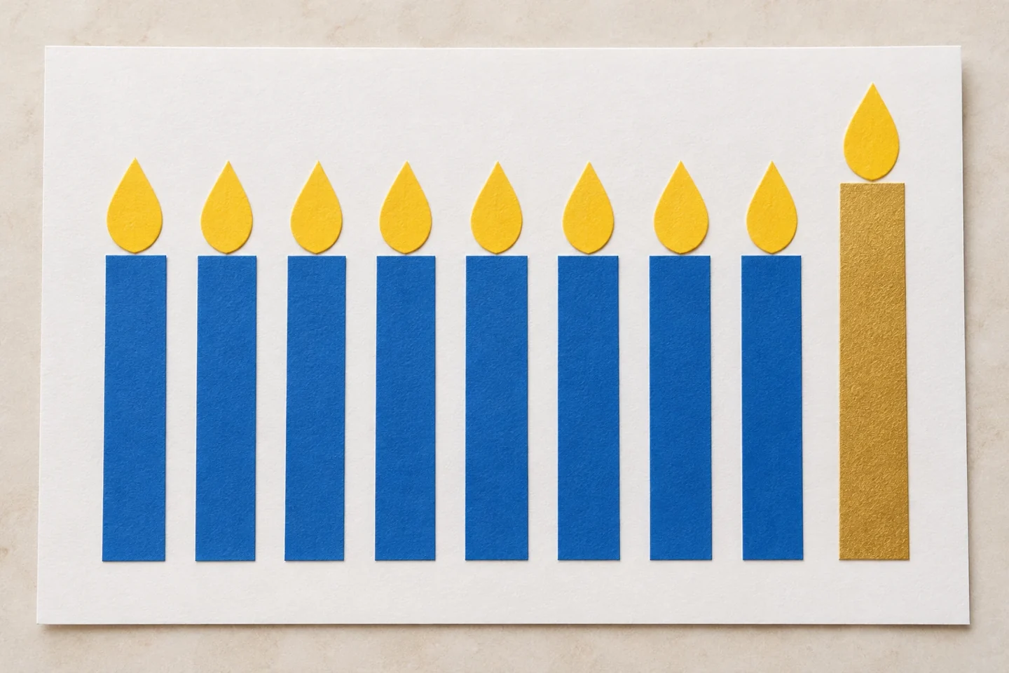 Eight blue paper holiday lights and a separate taller gold shamash
