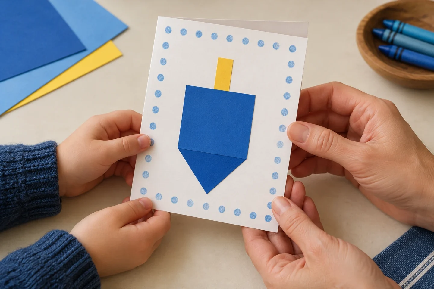 A child sharing a handmade blue-and-yellow dreidel greeting card with an adult across a family table, inside message angled away from camera