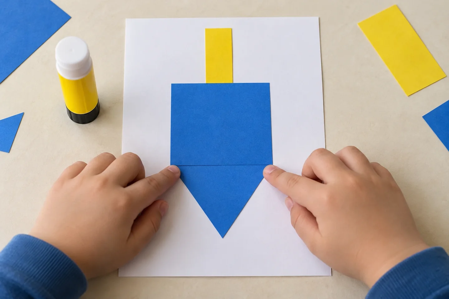 Hands gluing the triangle directly beneath the square and the short handle directly above on the card front; simple unlettered dreidel construction visible
