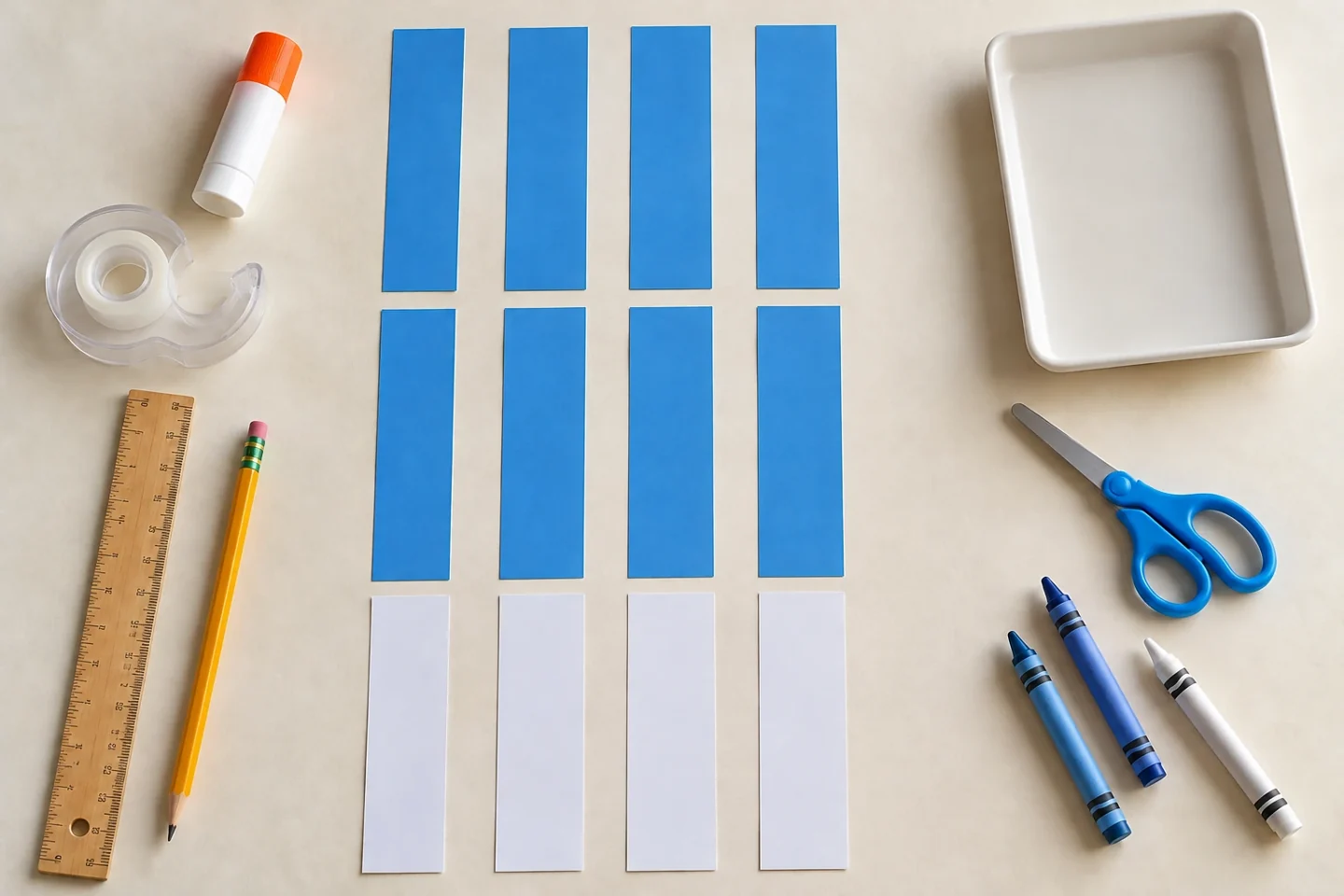 Eight blue strips, four white strips and paper chain supplies
