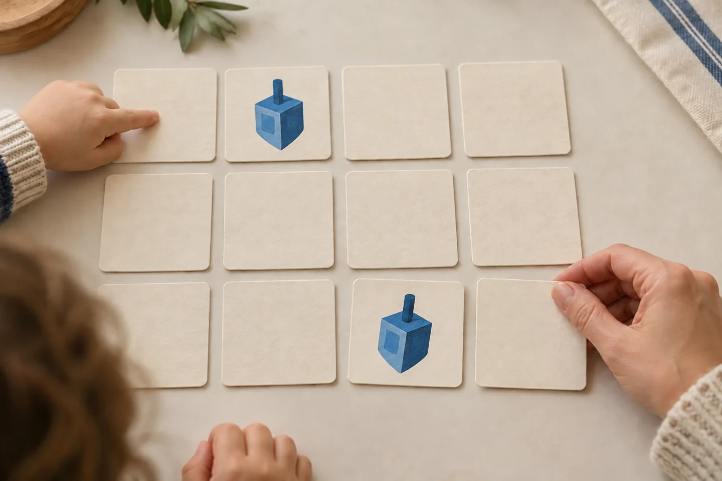 A child and adult revealing a matching pair of dreidel picture cards