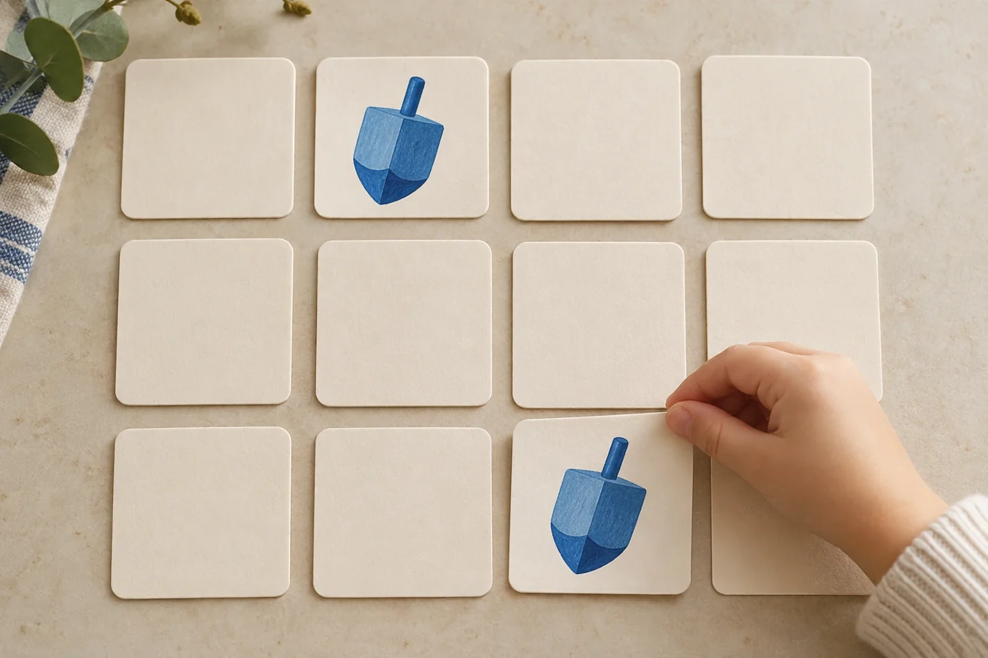 A child turning over a dreidel card in a twelve-card matching game