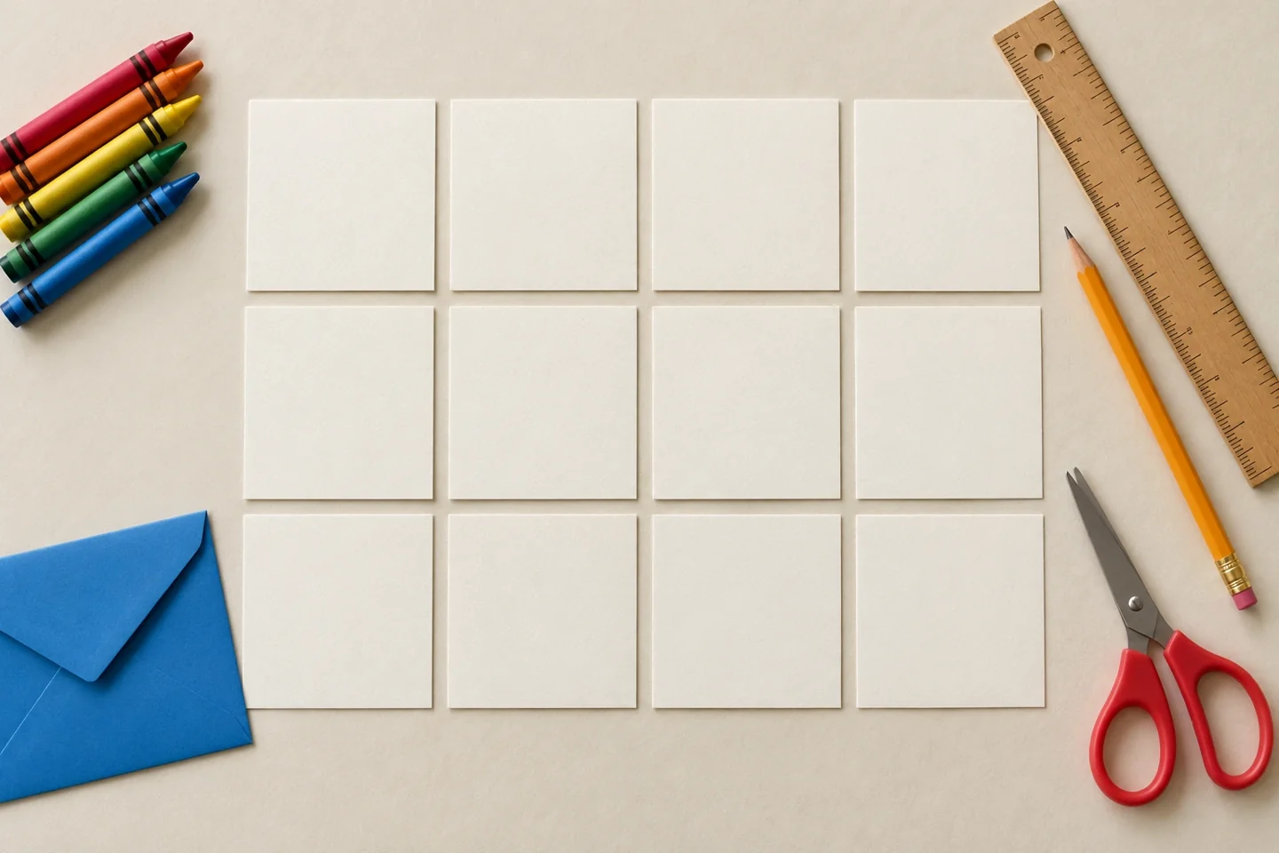 Twelve blank cardstock squares and picture card supplies