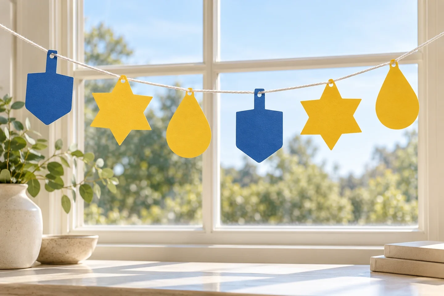 A six-piece paper Hanukkah garland hanging across a bright window