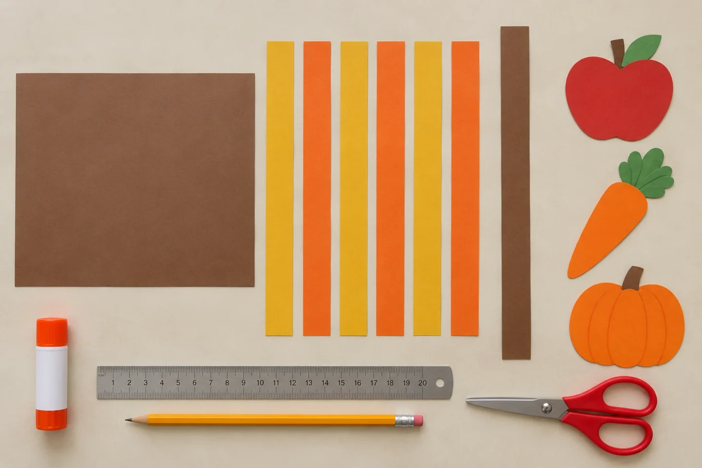 Gather the brown base, six colored strips, a handle strip and three paper produce shapes.