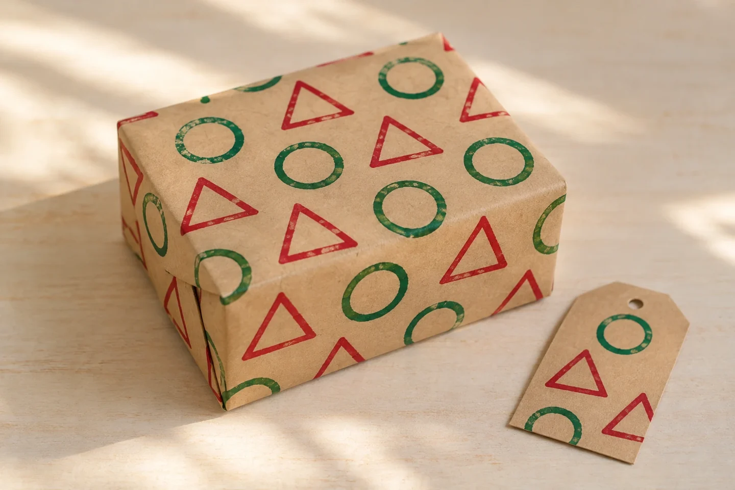 One small box wrapped in dry kraft paper with repeating red triangle and green circle outlines and a matching handmade tag; no extra supplies