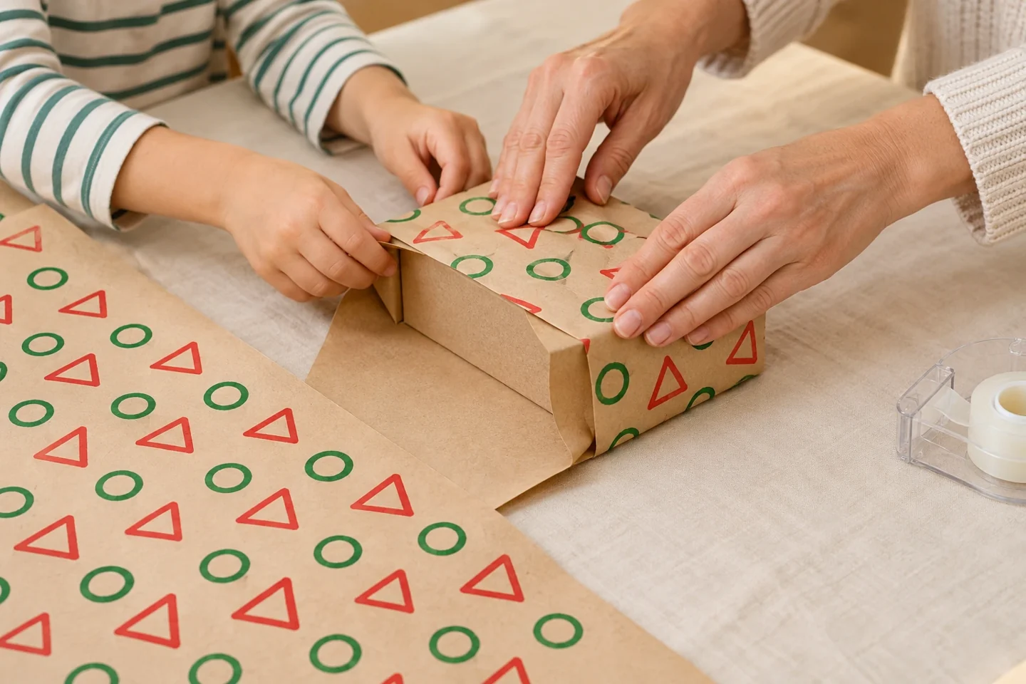 A child and adult wrapping a small empty gift box with dry red-and-green triangle-and-circle printed kraft paper at a table