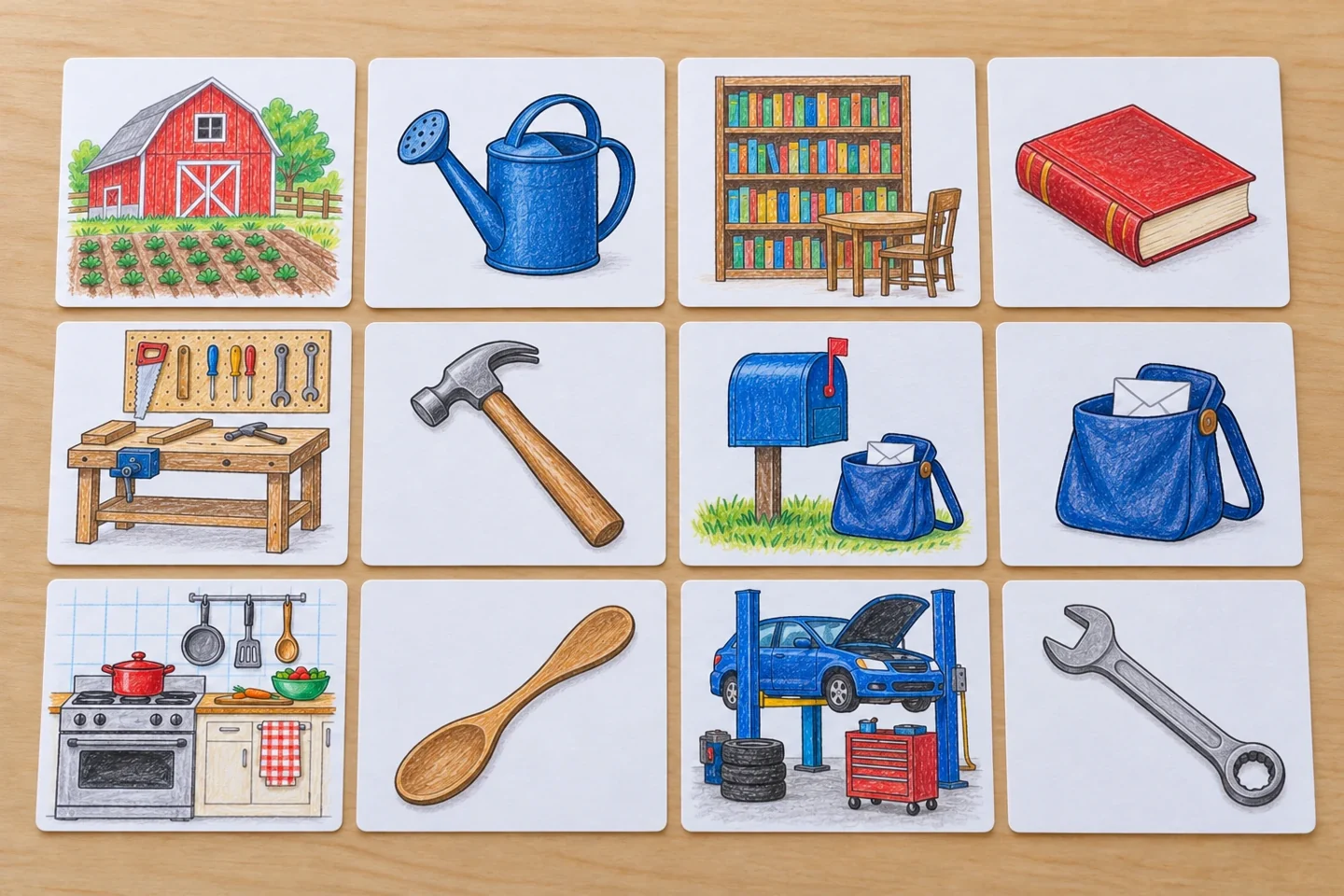 Six completed work-setting and object card pairs