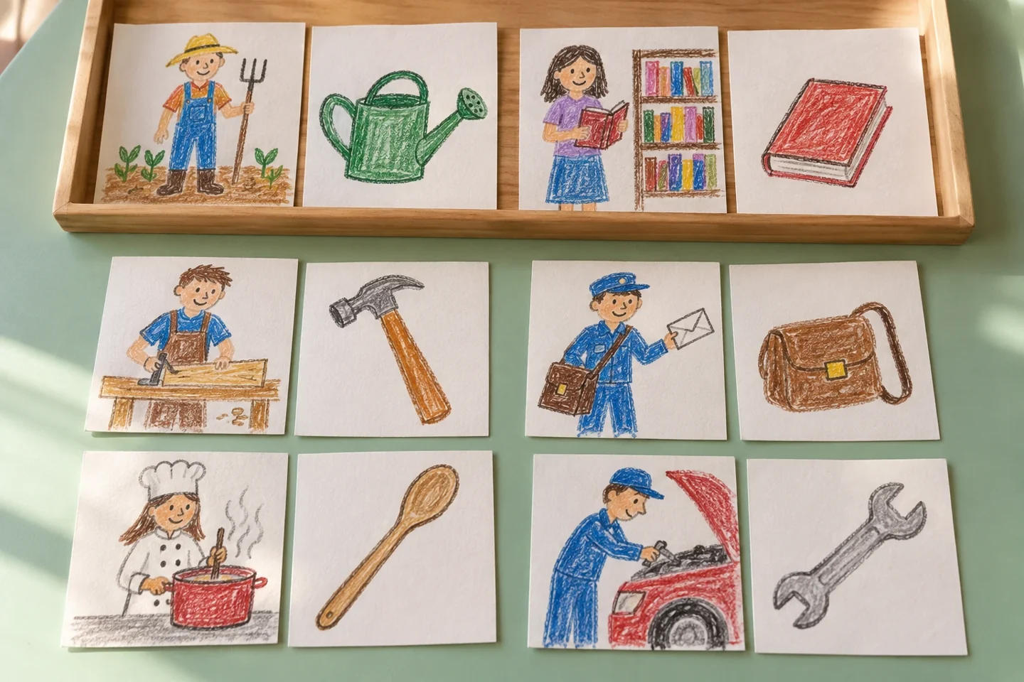 Worker and object picture cards arranged in a tray