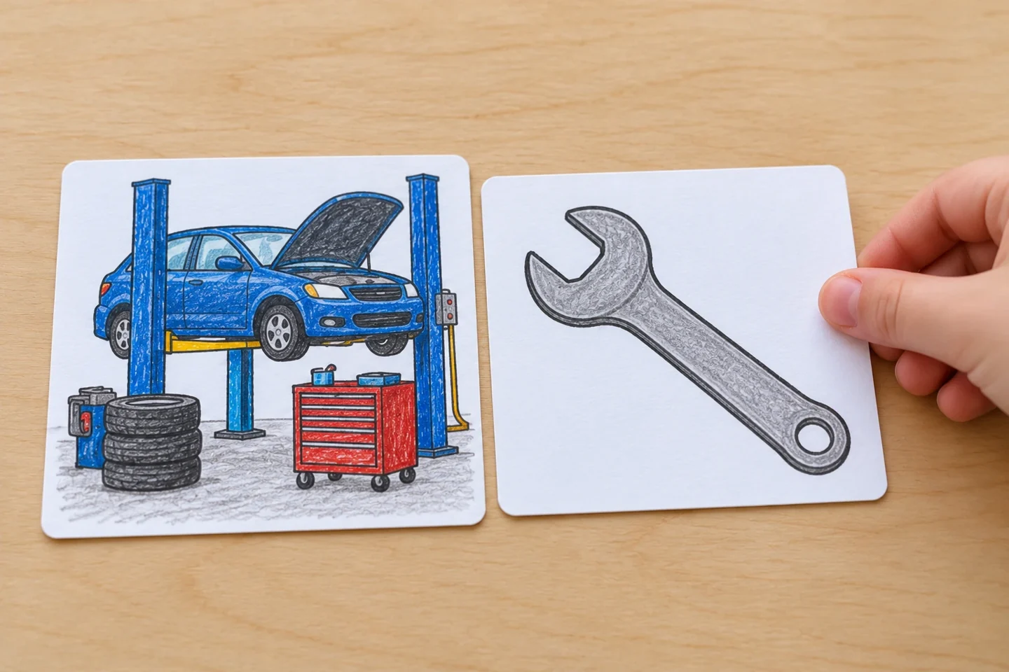 A mechanic workshop card matched with a wrench picture