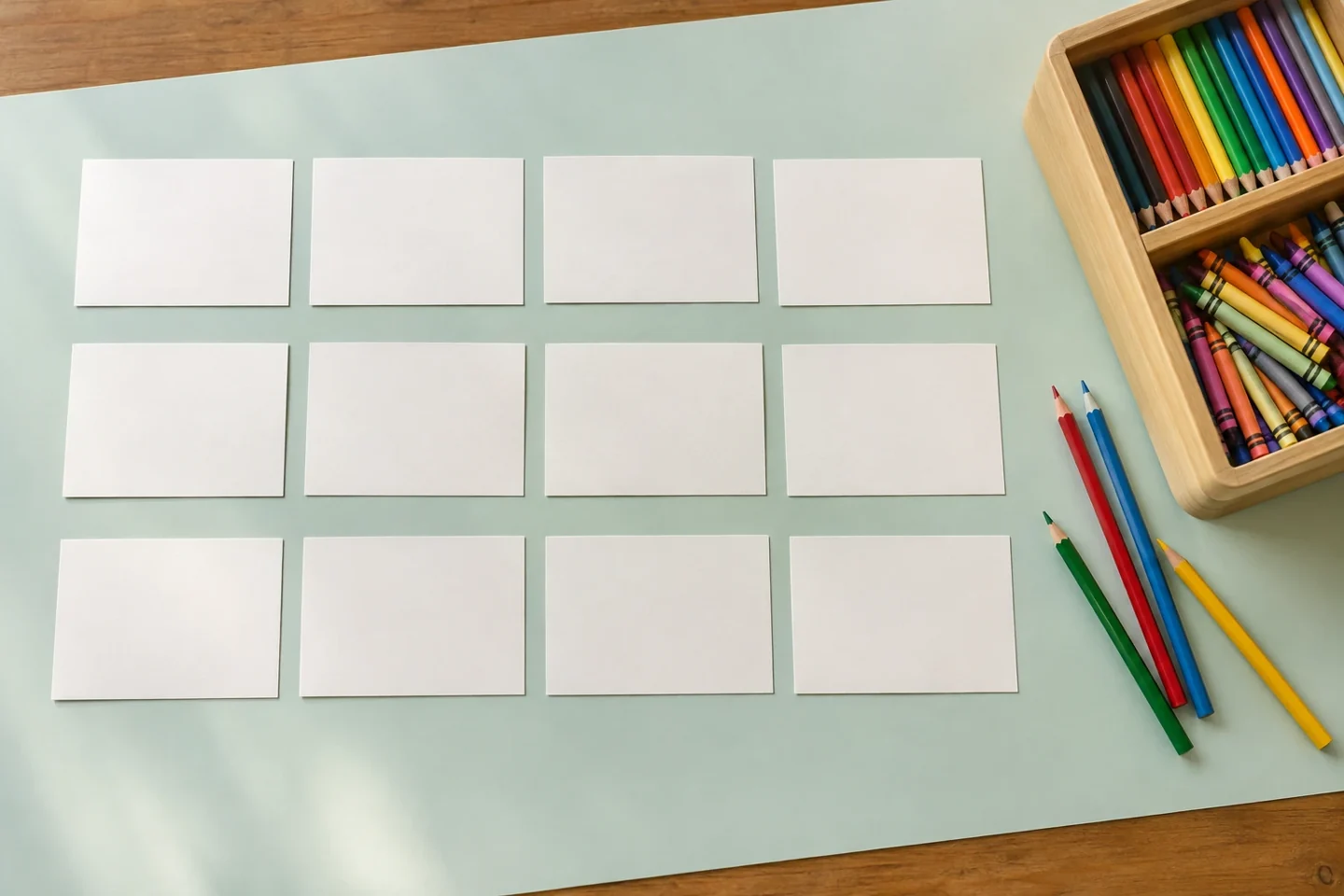 Twelve blank picture cards with pencils ready for drawing