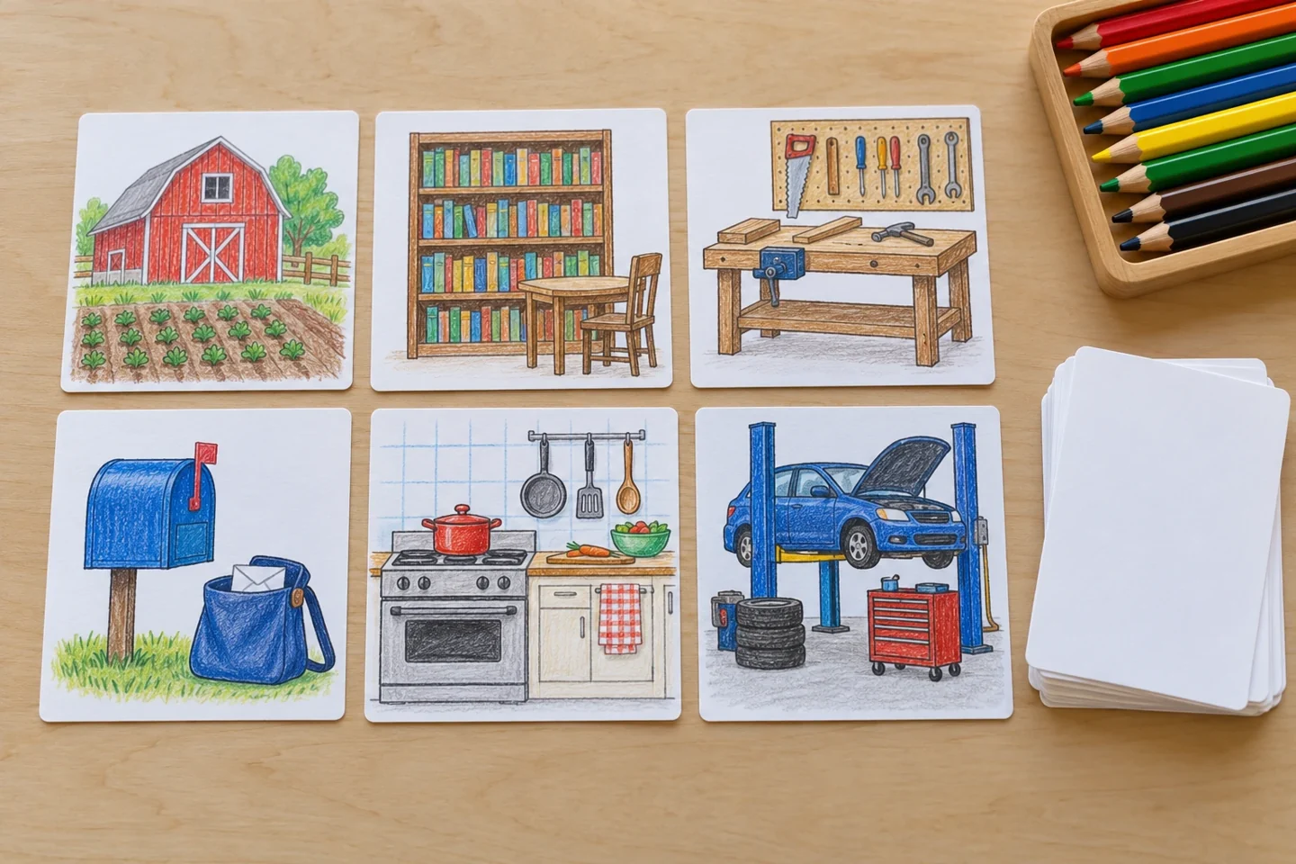 Six work-setting pictures beside blank object cards