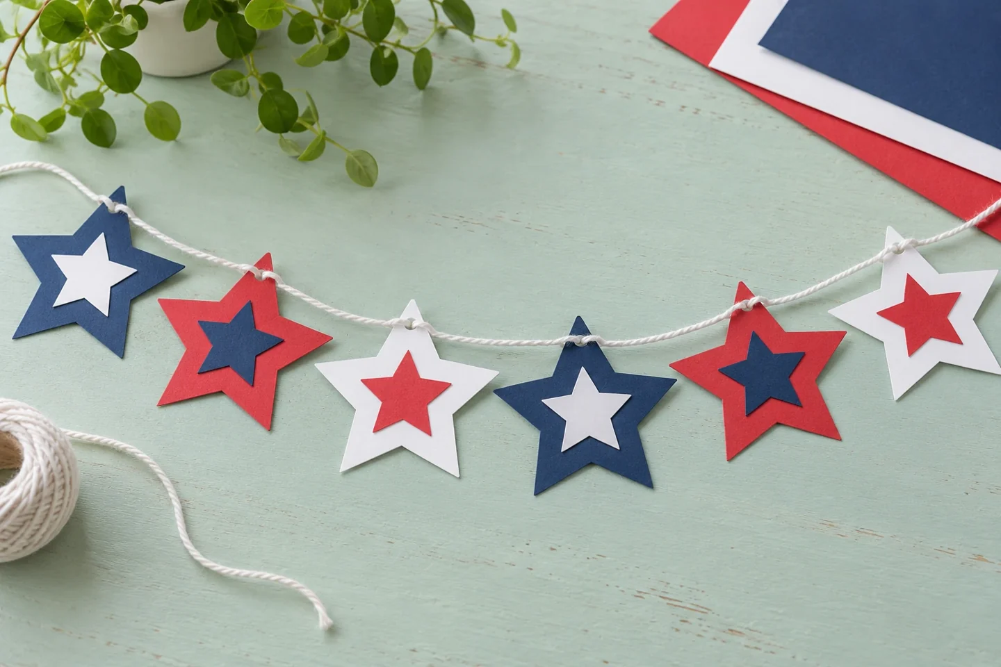 A red, white and navy layered paper star garland on a table