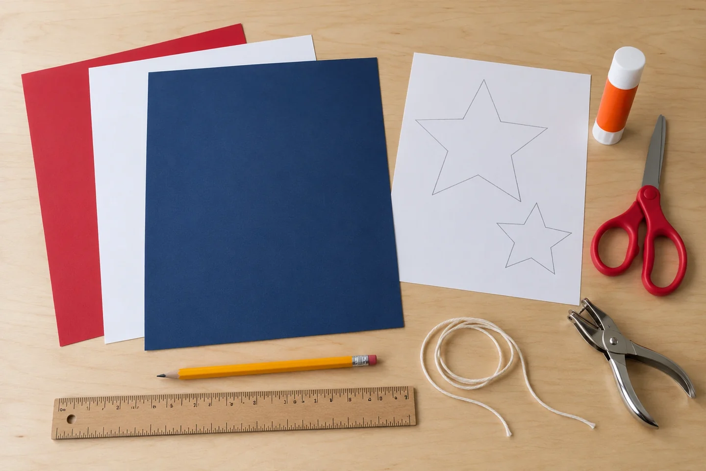 Cardstock, two star templates, scissors, glue, punch and string