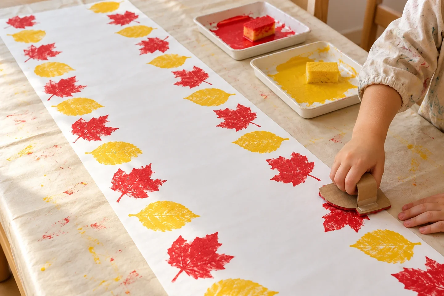 Print a repeating red-and-yellow leaf border on a protected work surface.
