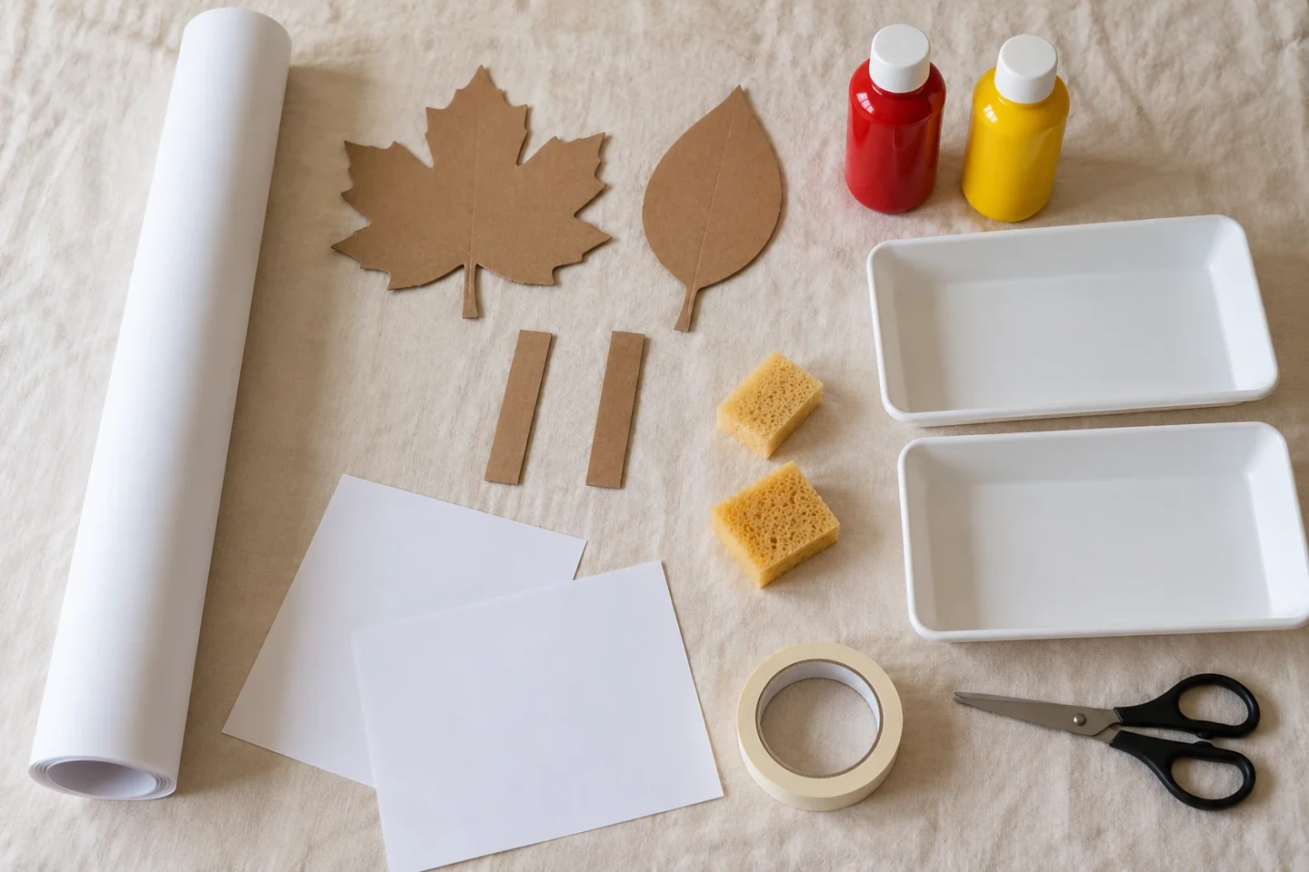 Gather two cardboard leaf shapes, handle strips, two trays and sponges, paint and blank paper.