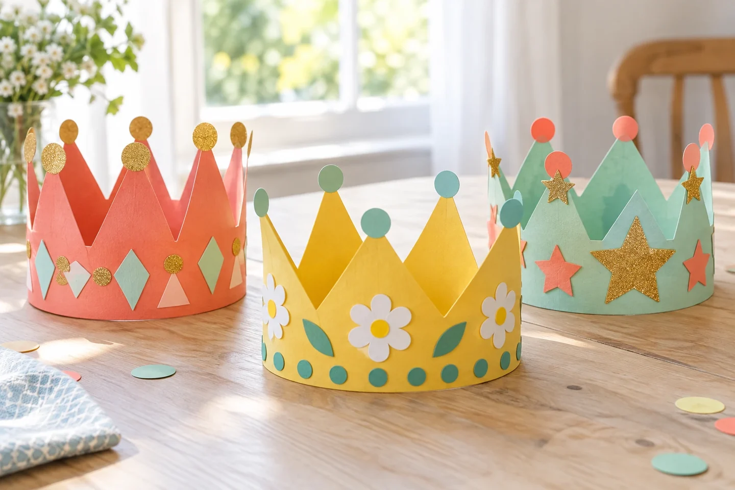 Three colorful handmade paper celebration crowns on a table
