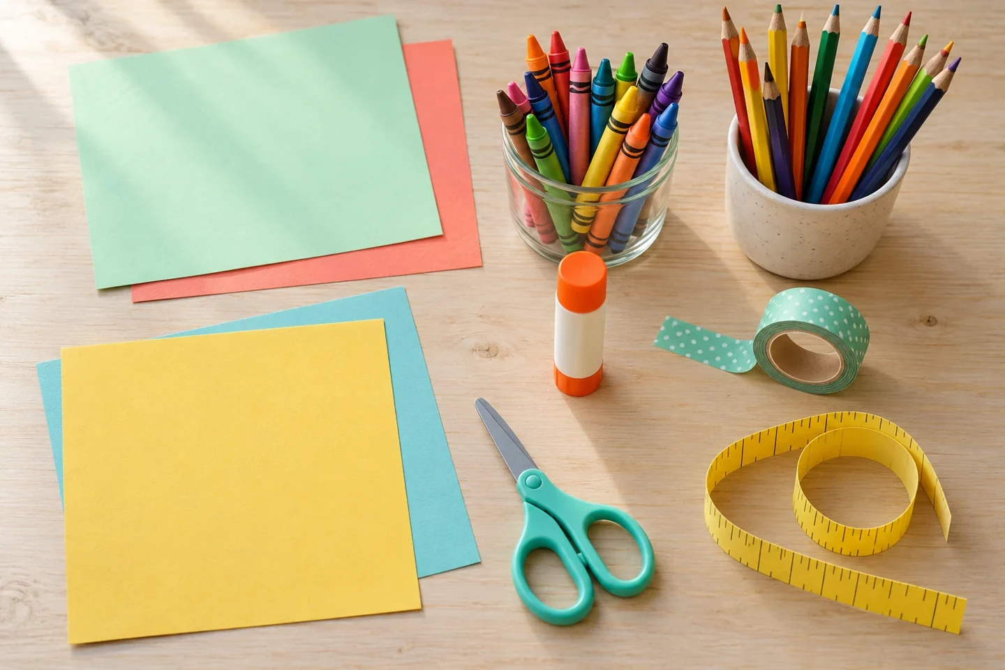 Colored paper, crayons, scissors, glue, tape and a measuring strip