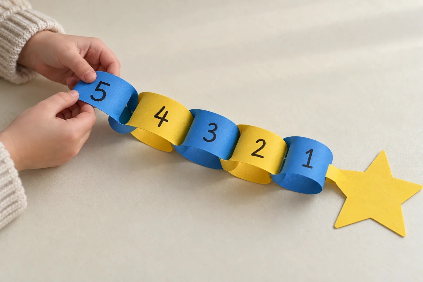 child hands remove outer link of five-link colored paper countdown chain resting safely on table