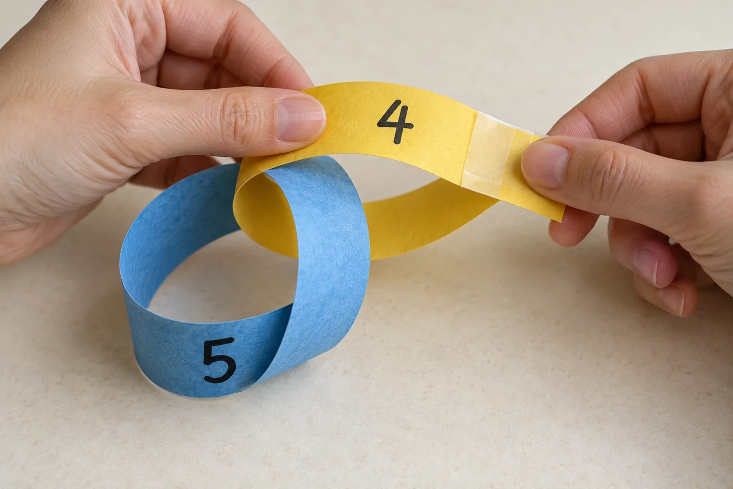Close hands threading a new strip through completed loop before overlapping its ends 2 cm and pressing tape